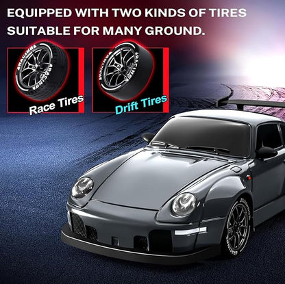 RC Drift Car 1:24 Scale Remote Control Vehicle with LED Lights 2.4GHz 20KM/H 4WD High Speed RC Cars Drifting Tires＆Two Batteries. (Dark-Gray)