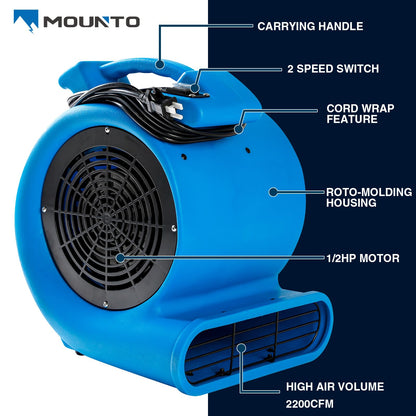Mounto 1/2hp Air Mover Floor Drying Blower Fan - Powerful 1/2HP Motor Carpet Dryer, 2200 CFM Air Flow, Lightweight Design, 2-Speed Settings for Drying, Cooling & Circulation