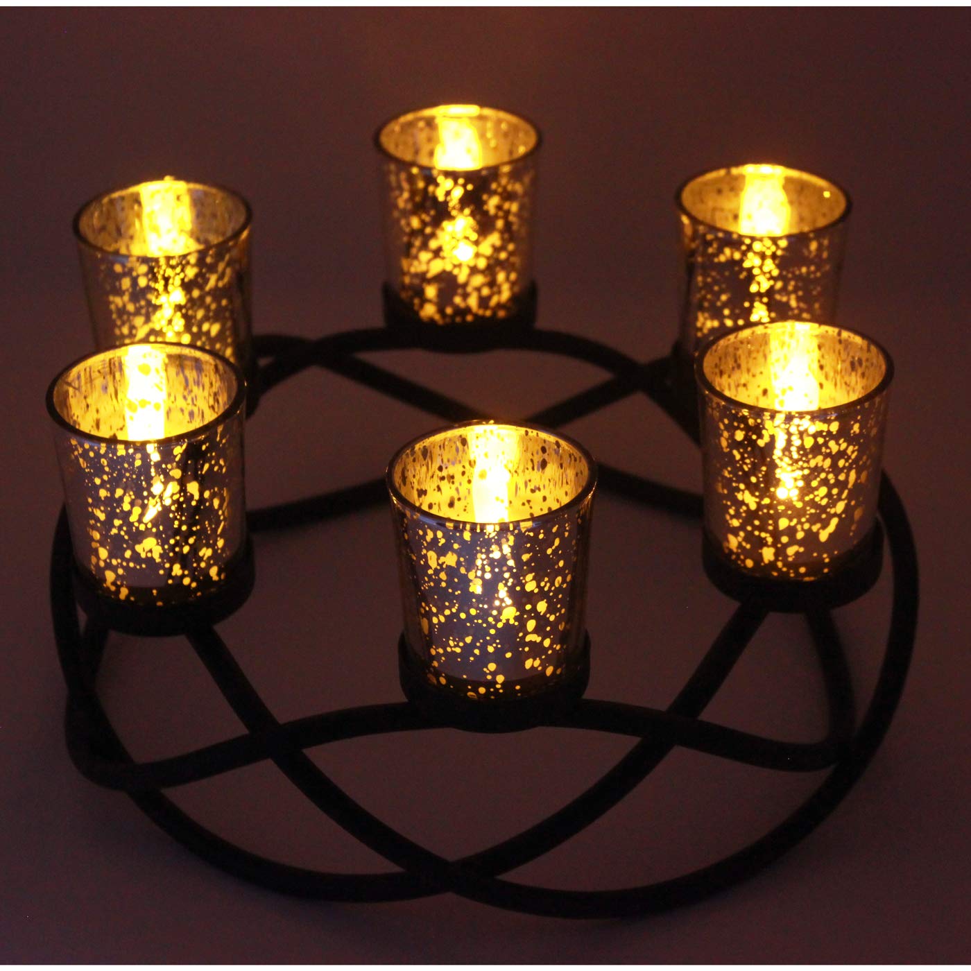 Seraphic Centerpieces for Table Decorations - Round Candle Holders for Outdoor Patio, Dining, Kitchen, Coffee & Wedding Table Decor, Black Iron Candelabra, 6 Silver Glass Votive Tealight Cups