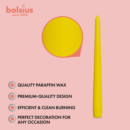 BOLSIUS Yellow Taper Candles - 4 Pack Unscented 10 Inch Dinner Candle Set - 8 Hours Burn Time - Premium European Quality - Smokeless and Dripless Household Wedding, Party, and Home Decor Candlesticks