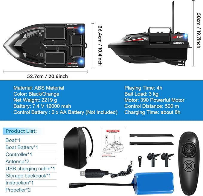 RC Bait Boat with Line Drop for Adult Cruise Control 4 Bait Slot 6.6LBS Loading 12000mAh Battery and Motors 1640FT Range Remote Control Fish Boat with LED Light Hook Release &amp Backpack(Black)