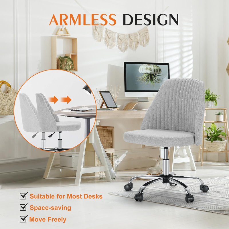 Sweetcrispy Armless Office Chair, Modern Fabric Home Office Desk Chairs with Wheels Adjustable Swivel Task Computer Vanity Seat for Small Spaces