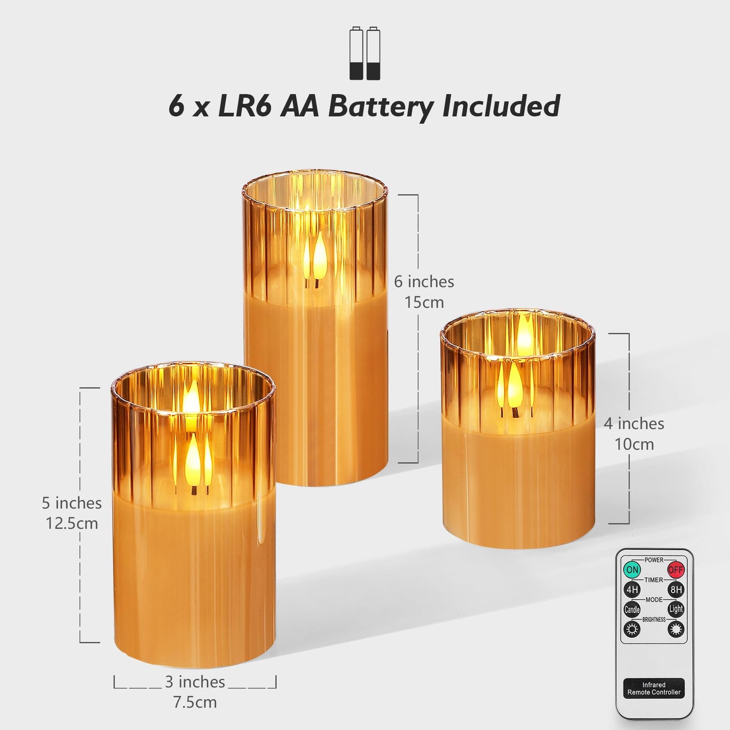 Rhytsing Gold Ribbed Glass Battery Operated LED Candles with Remote, Flameless Candle Gift Set with Timer, Warm White Light- Include 6 Batteries - Set of 3