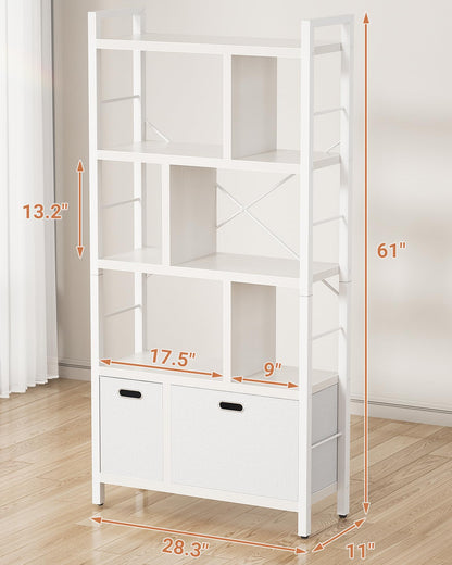 Armocity Bookshelf with Drawers - 5 Tier Tall Bookcase Geometric Modern Book Shelf Display Standing Bookshelves with Storage for Living Room, Bedroom Home Office, White