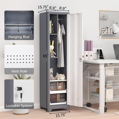 GREATMEET Slim Locking Metal Garage Storage Cabinet, 65" Lockable Utility Closet, Tall Steel Narrow Broom Closet Storage Cabinets with Door and Shelves for Laundry Room, Bathroom, White & Grey
