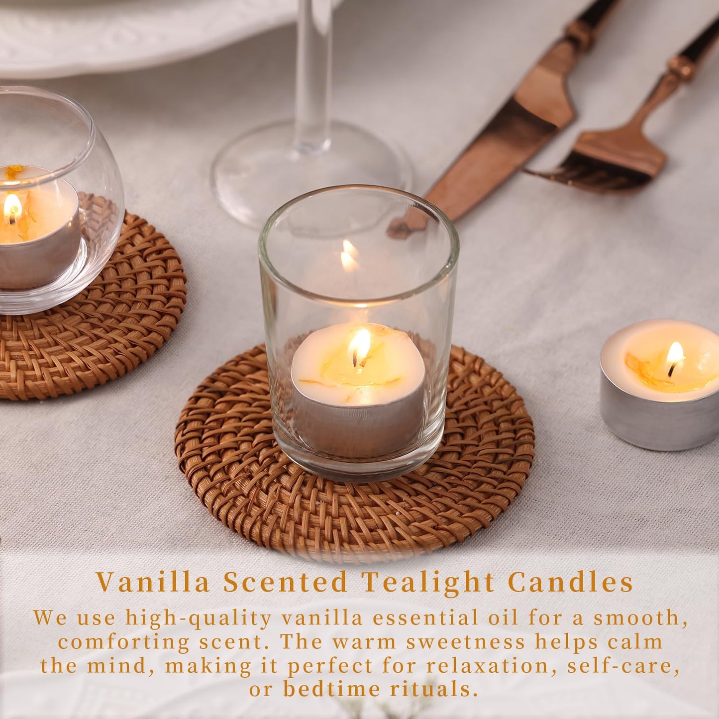 48 Pcs Vanilla Scented Tealight Candles, 6H Long Burning - 100% Palm Wax Based Scented Tea Lights with Dried Flowers, Non-Toxic/Smokeless Tea Lights Candles Bulk for Spa, Bath, Wedding
