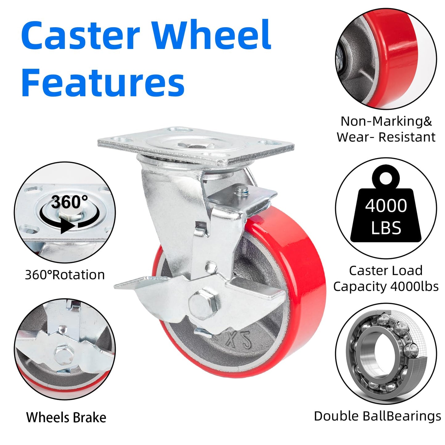 Nefish 5 Inch Industrial Casters Set of 4, Heavy Duty Casters with Brake 4000 Lbs, No Noise Polyurethane Wheel on Steel Hub, Swivel Plate Caster Wheels for Toolbox Workbench (4 Swivel & Brakes)