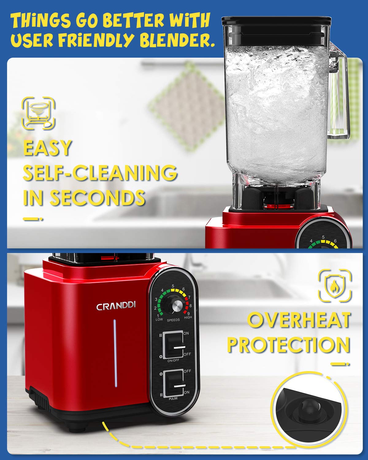 CRANDDI Smoothie Blender 52oz, 1800 Watt commercial blender, professional blenders, Stainless Steel Blade 9 Speed & Self-Cleaning, Build-in Pulse, K98C Red