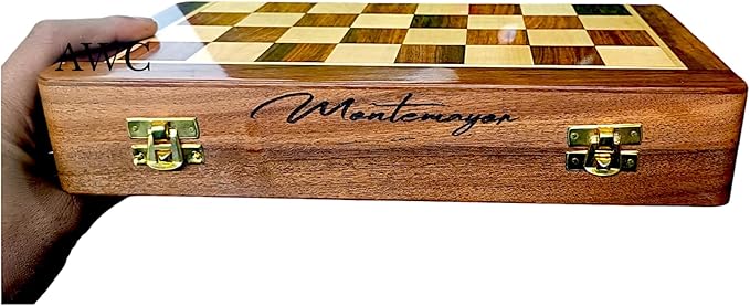 | Personalized Wooden Chess Set | Magnetic Folding Travel Chess Board with Storage &amp 2 Extra Queens (18 x 18 Inch Brown)