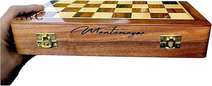Personalized Wooden Chess Set | Magnetic Folding Travel Board with Storage Box &amp 2 Extra Queens (16 inch x 16 inch)