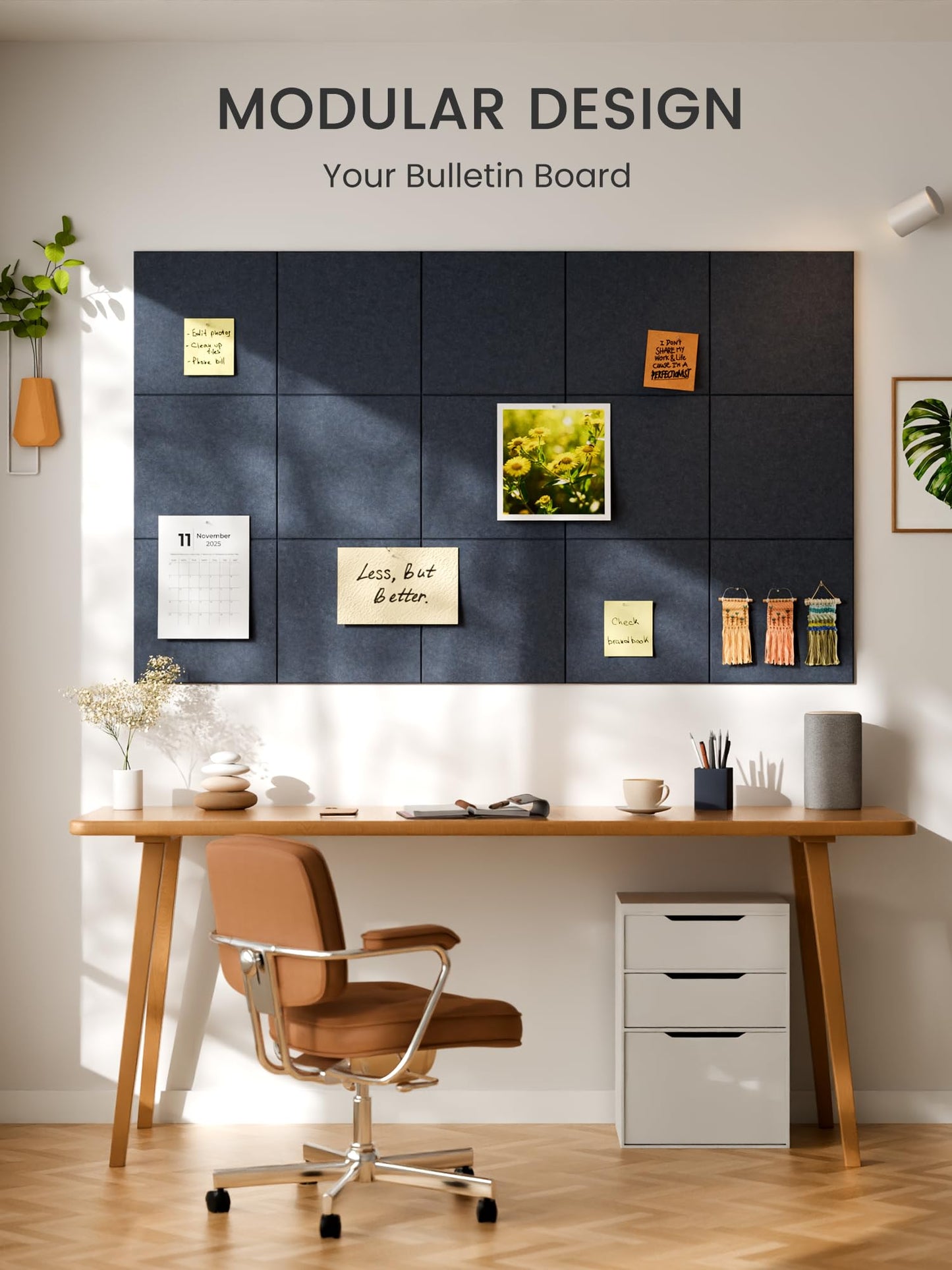 Bumusty Large Cork Board 48" x 36" Alternative - 12 Pack Felt Wall Tiles with 70 Safe Removable Adhesive Tabs, 30 Pushpins, Cork Boards for Walls Bulletin Board Office Decor (Deep Charcoal Blue)