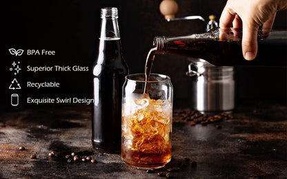 BEWAVE Drinking Glass, 16oz Can Shaped Glasses Cups, Iced Coffee Glasses, Beer Tumbler, for Whiskey, Soda, Tea, Juice, Gift, with Lid, Straw and Sleeve, 1 Pc