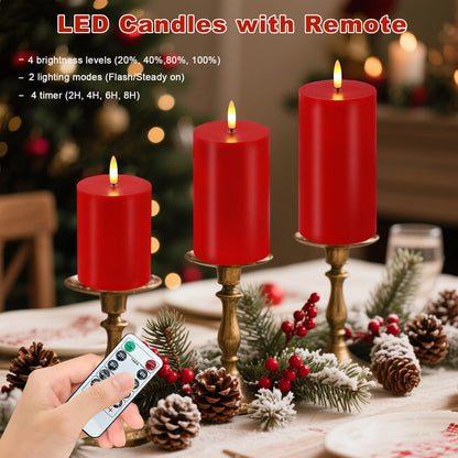 Red Flameless Candles, Set of 3 Flickering LED Candles with Remote & Timer, Dimmable Real Wax Electric Pillar Candles Battery Operated, Christmas Flameless Candles Light for Home Xmas Decor (Red)
