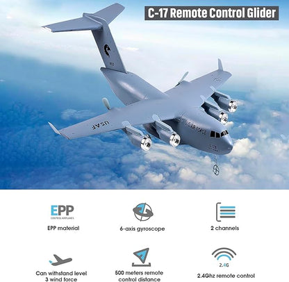 RC Plane Remote Control Airplane 2 Channels RC Airplane C-17 Military Transport Aircraft 2.4GHz EPP Foam Fixed-Wing RC Glider with Gyro and 2 Batteries Easy to Fly for Beginners
