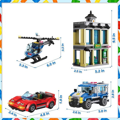 City Police Catch Thief Building Block Set with Cop Car Bank Helicopter Getaway Sports Car Fun Police Chase Toy for Kids Best Learning &amp Roleplay STEM Toy Gift for Boys Girls Ages 6+ (625pcs)