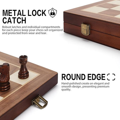 Magnetic Wooden Chess Set 15 Folding Chess Board with 2 Extra Queens Portable Travel Chess Set with Pieces Storage Slots Beginner Chess Board Game for Adults &amp Kids