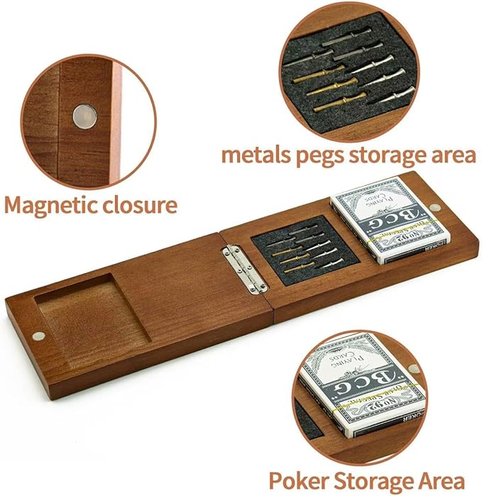Wooden Cribbage Board Game Set Travel Cribbage Board with Storage and Collapsible with Magnetic Lock / 9 Metal Pegs/Full Deck of Cards Family Board Games for Adults