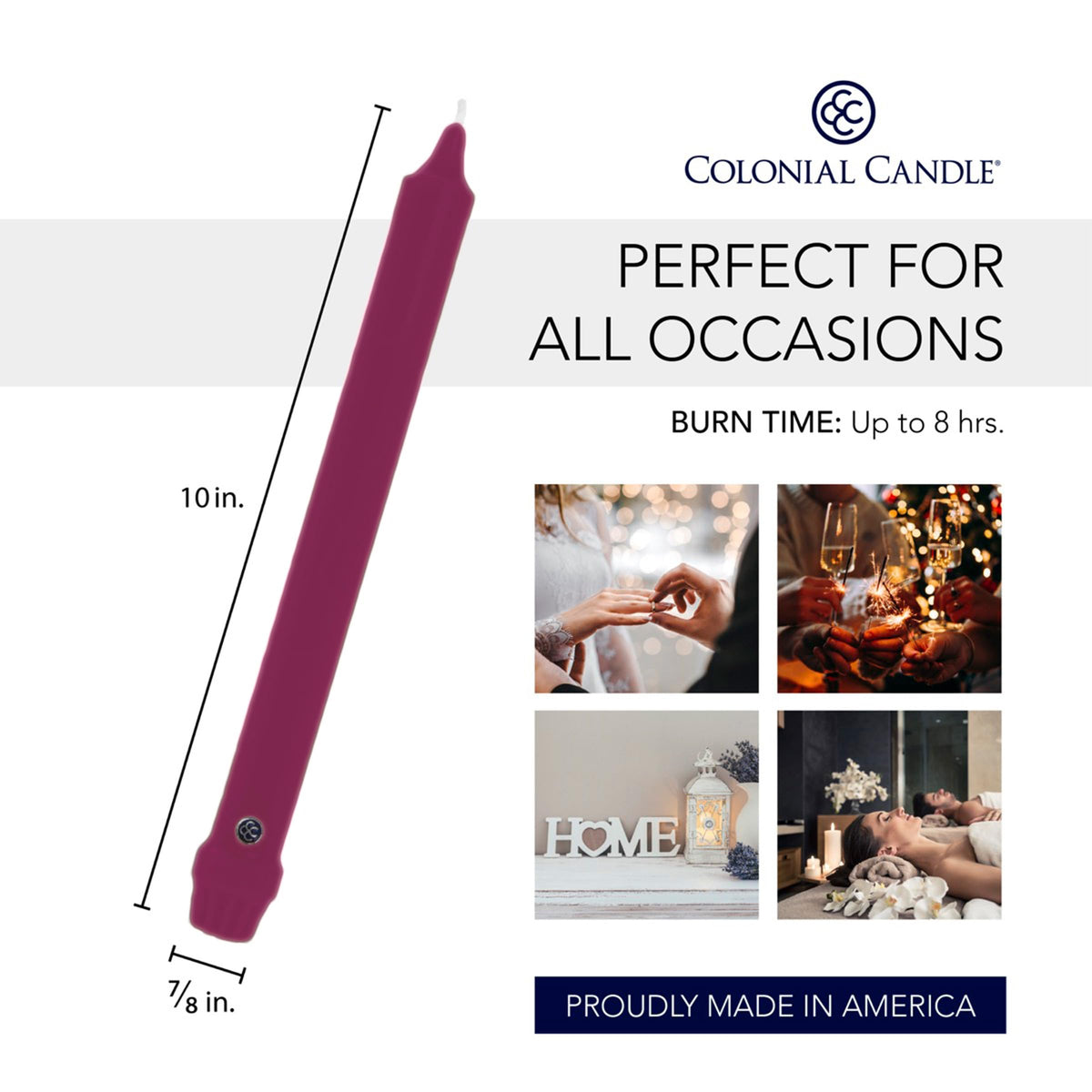Colonial Candle Unscented Taper Candle, Classic Collection, Mulberry, 10 In, Pack of 12 - Up to 8 Hours Burn