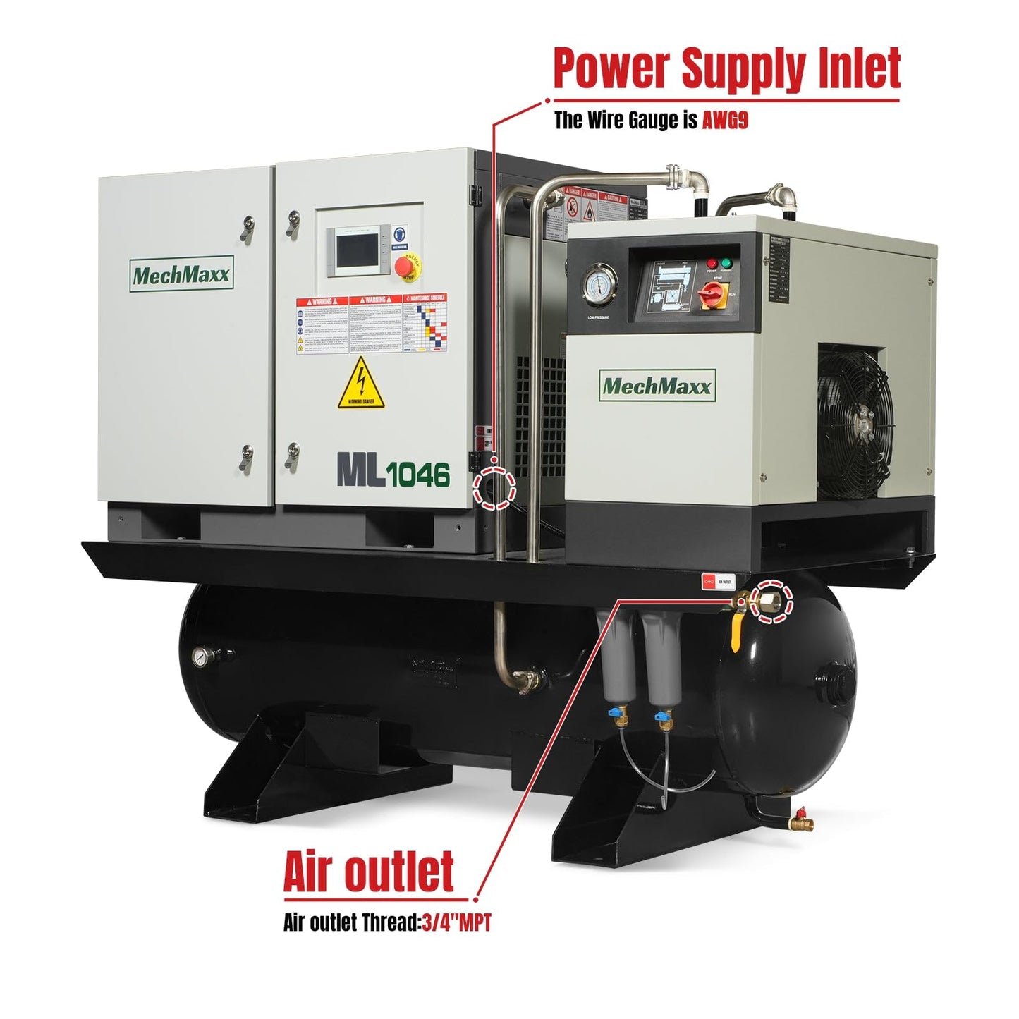 MechMaxx 10HP Combined Rotary Screw Air Compressor with Dryer & 66-Gal ASME Tank | 32 CFM, 116 PSI, 460V 3-Phase – Industrial Grade, ML1046