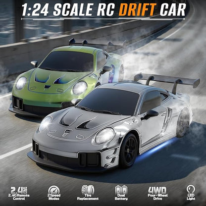 RC Drift Car 1:24 4WD Remote Control Cars Vehicle with LED Light2.4GHz 20KM/H High Speed RC Cars with Two Batteries &amp Drifting Tires Racing Sport Toy for Adults Boys Girls Kids Silve