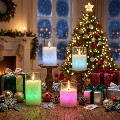 NICEME 3PCS LED Multi Colored Flameless Candles Acrylic Pillar Battery Operated Flickering Flame Color Changing Candles with Remote Control Real Wax Electric Fake Candles Ice Crystal, D3” x H4” 5" 6"