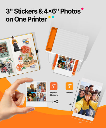 Liene Amber M110 Bluetooth Photo Printer 80 Sheets, Portable Photo Printer for iPhone, Thermal Dye Sublimation, Picture Printer 60 Sheets 4x6 Paper & 20 Sheets 3" Square Sticker Paper & 2 Cartridges