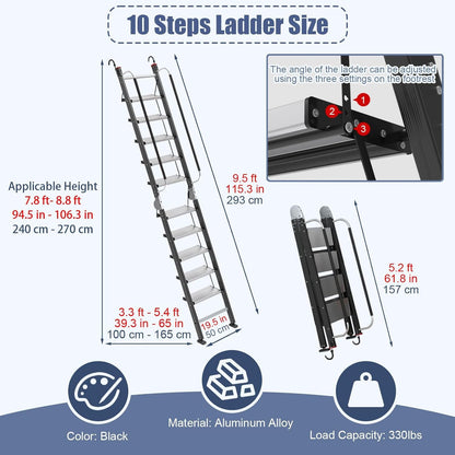 Foldable Aluminum Loft Stairs Ladder 8.5ft / 9ft / 9.5ft / 10.5ft / 11.5ft, Heavy Duty Bunk Bed ladders with Handrails ＆ Hooks, 10 Step Attic Ladder for Small Opening, Load 330 lbs