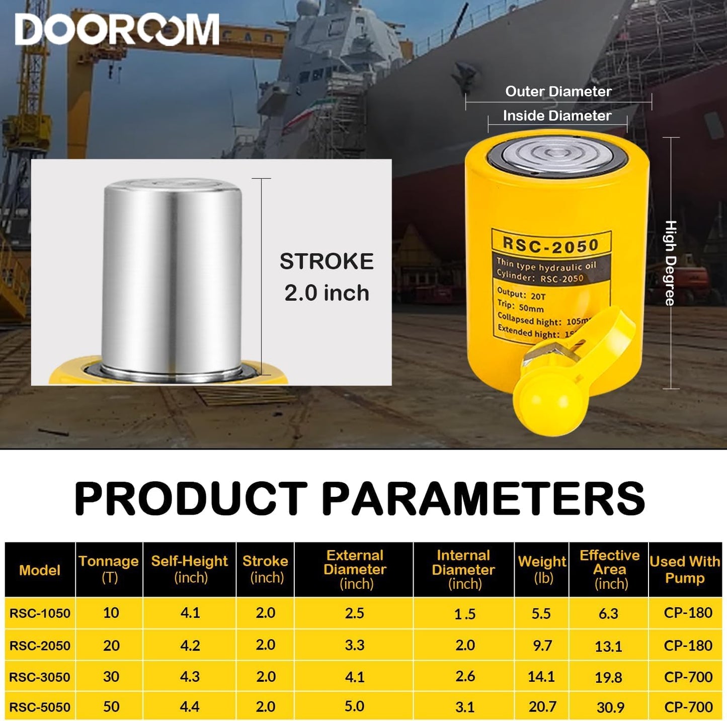 DOOROOM 20 Ton Hydraulic Cylinder Jack, 2' Stroke Hydraulic Ram, Porta Power Ram Automatic Retracting Jack with CP-180, Yellow