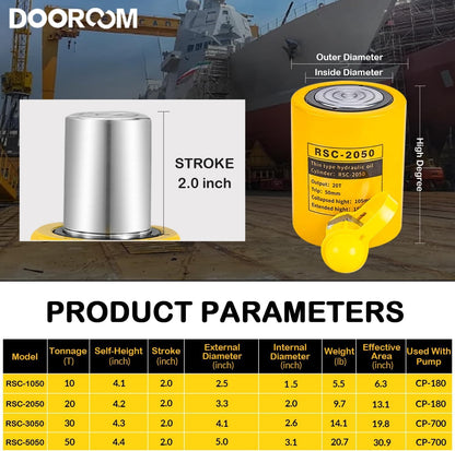 DOOROOM 20 Ton Hydraulic Cylinder Jack, 2' Stroke Hydraulic Ram, Porta Power Ram Automatic Retracting Jack with CP-180, Yellow