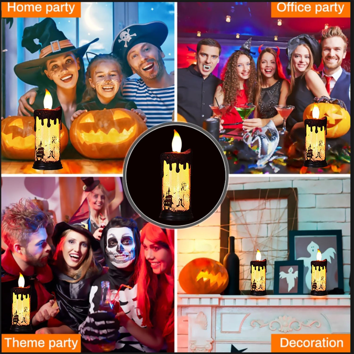 SWEETIME Halloween Snow Globe Candles,Black LED Flameless Battery Operated Pillar Candle,Sparkly Glitter 3D Fire Wick Flickering Flame,Fake Crystal Ghost Decor for Halloween Celebration Party