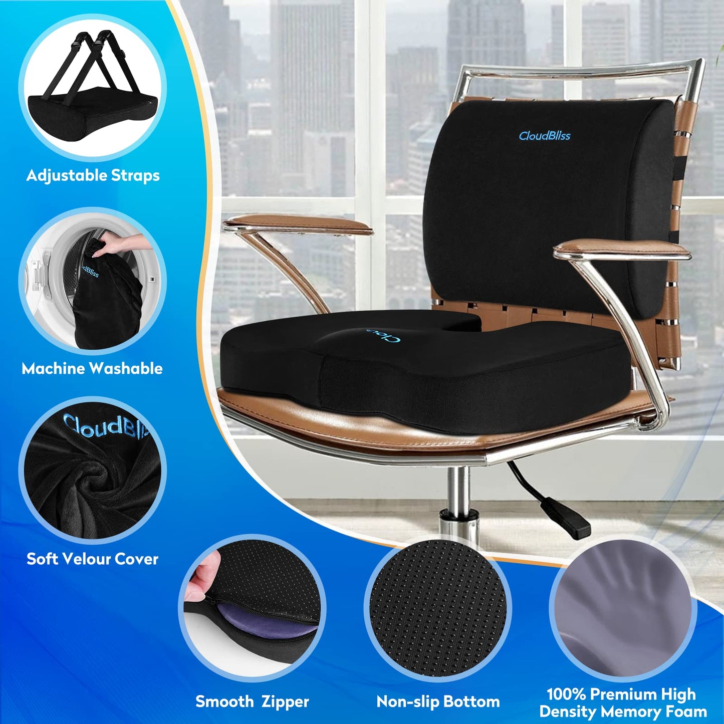 CloudBliss Seat Cushion,Office Chair Cushion,Car Seat Cushions,Lumbar Support Pillow for Office Chair,Back Support Memory Foam Pillow Coccyx Cushions for Tailbone Pain,Sciatica Back Pain Relief Black