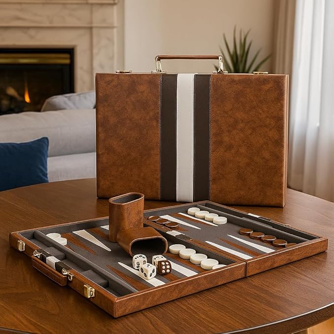 15inch Backgammon Set Classic Folding Board with Leather Case Portable Travel Game Ideal Gift Package for Strategy Lovers
