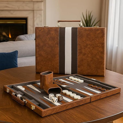 15inch Backgammon Set Classic Folding Board with Leather Case Portable Travel Game Ideal Gift Package for Strategy Lovers
