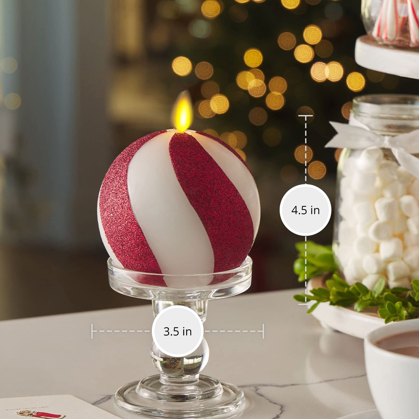 Luminara - Flameless Holiday Crystal Beads Glitter Sphere Candle - Candy Cane Red - Pack of 1-4x4.25 - Auto Timer Built-in 5-Hour Timer Indoor Use