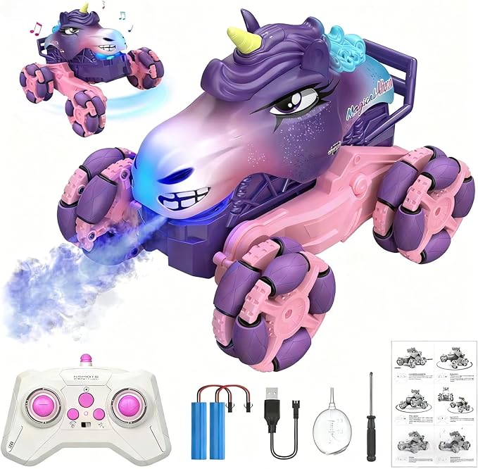 Remote Control Car 1:18 Pink Unicorn Monster Truck 360° Spin-Dance Light Music with Spray 2.4 GHz 4WD 120 Min Runtime Off-Road for Indoor &amp Outdoor Fun Toy Birthday Gifts for Girls Age 3+