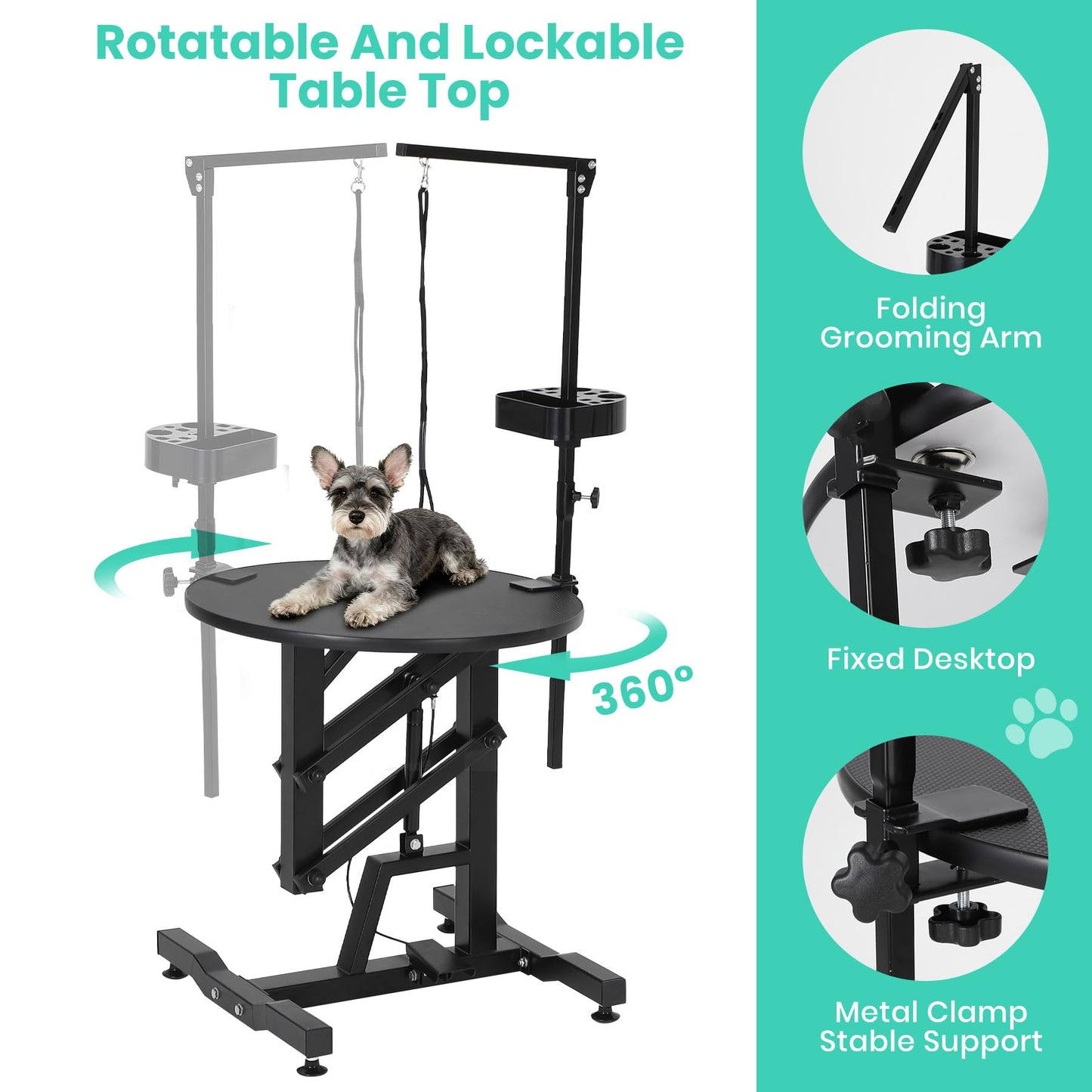 Garvee 24'' Hydraulic Lift Dog Grooming Table, Adjustable Cat Drying Rotating Desktop - Foldable, Adjustable Arm, Portable, Non-Slip Grooming Table for Large Small Dogs at Home, Capacity 250LBS