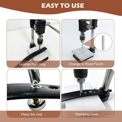 Leather Press Machine,Hole Puncher for DIY Leather Craft,Manual Press Punch Tools,with 400Pcs Grommet,9 Round Punches (1.5-6mm), 4 Stitching Prongs, 480 Rivets | Stainless Steel Pillar | Punch Puller