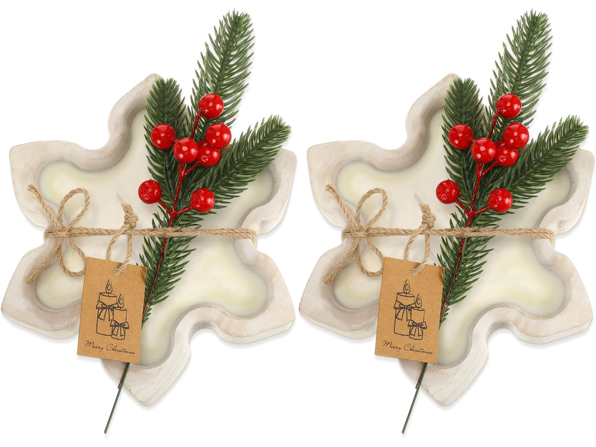 MTLEE 2 Pack Christmas Wood Dough Bowl Candle Snowflake Wooden Candle Bowl 3 Wick Xmas Farmhouse Decoration with Berries Pine Label for Christmas Table Centerpiece Birthday Gift Home Party Decor