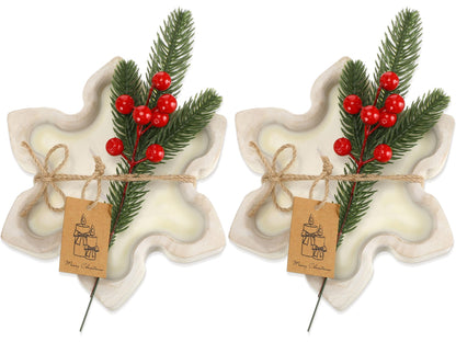 MTLEE 2 Pack Christmas Wood Dough Bowl Candle Snowflake Wooden Candle Bowl 3 Wick Xmas Farmhouse Decoration with Berries Pine Label for Christmas Table Centerpiece Birthday Gift Home Party Decor