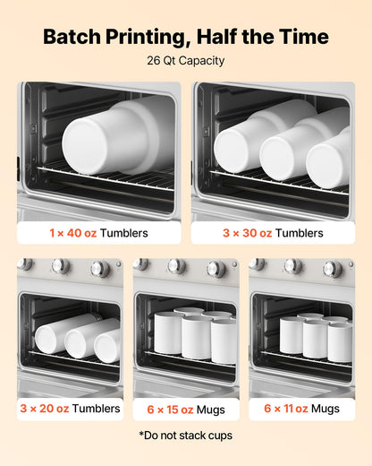 VEVOR Sublimation Oven Machine, 26 Qt, Fits 40oz Tumblers, with 50 Shrink Films, 1 Tape and 2 Heat Gloves, 360° Turbo Convection for Sublimation Blank Tumblers, Mugs, Bowls, Off-White