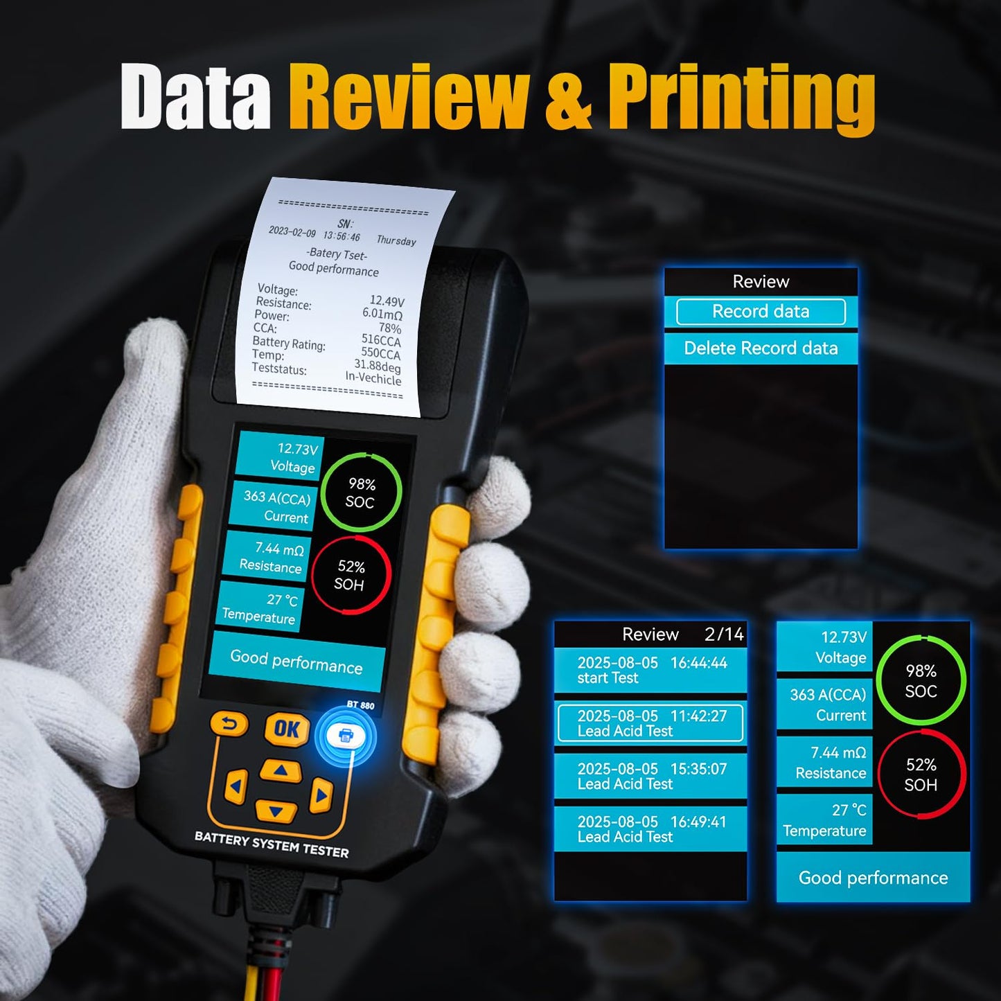 LINXINO BT880 Car Battery Tester,12V/24V Battery Load Tester with Built-in Thermal Printer, 20-2000 CCA Testing,Cranking/Charging Test,Voltage/Current Monitor,Data Logging & Safety Protections