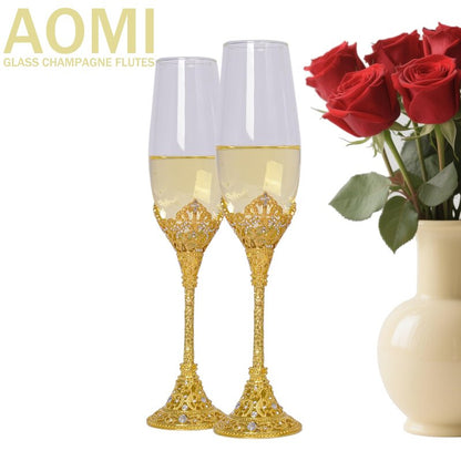 AOMI Wedding Champagne Flutes Toasting Glasses Luxurious Crystal- Gold 7oz Studded Champagne Glasses Set – Elegant Etched Flute Pair with Gift Box, Perfect for Weddings, Anniversaries & Celebrations