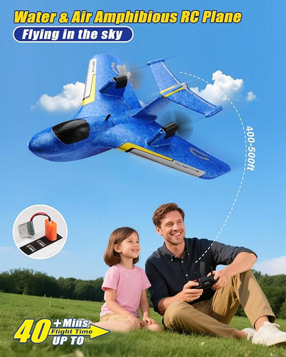 Remote Control Airplanes for Kids 2.4Ghz RC Water Plane Gifts for Boys Age 8-13 Year Old Easy to Fly Mini Glider with Gyro/Lights/2 Batteries Cool Toys for Birthday Christmas (Blue)