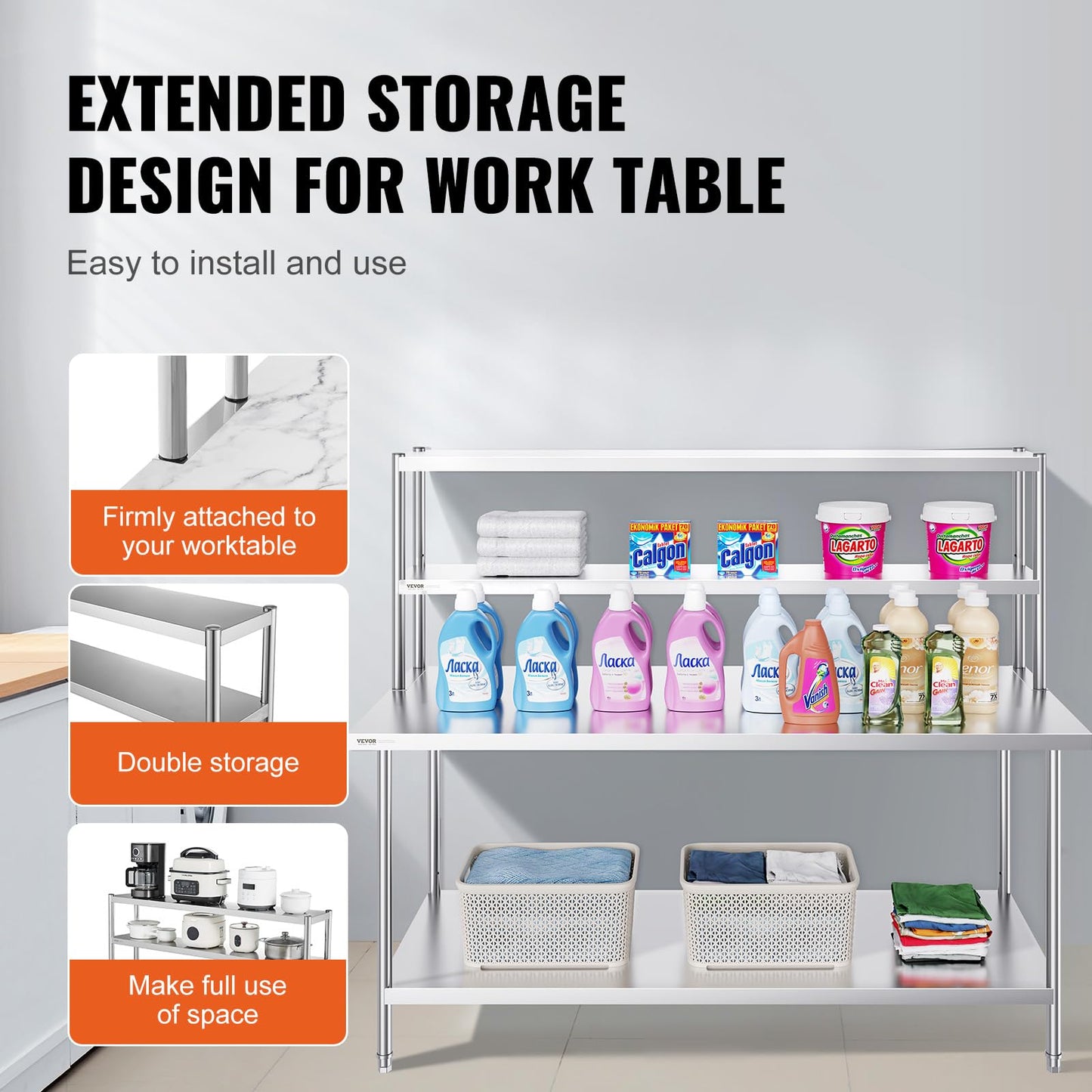 VEVOR Double Tier Stainless Steel Overshelf, 12 x 72 Inch Double Deck Height Adjustable Prep Work Table for Kitchen, Restaurant and Workshop