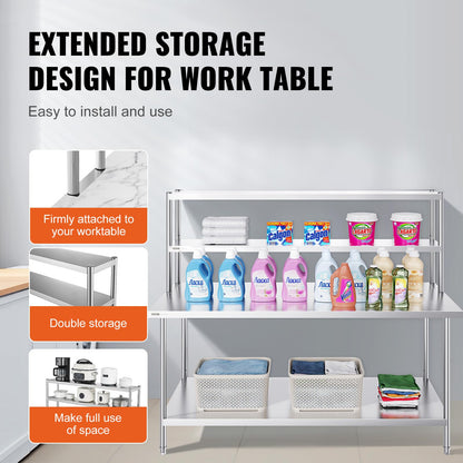 VEVOR Double Tier Stainless Steel Overshelf, 12 x 72 Inch Double Deck Height Adjustable Prep Work Table for Kitchen, Restaurant and Workshop