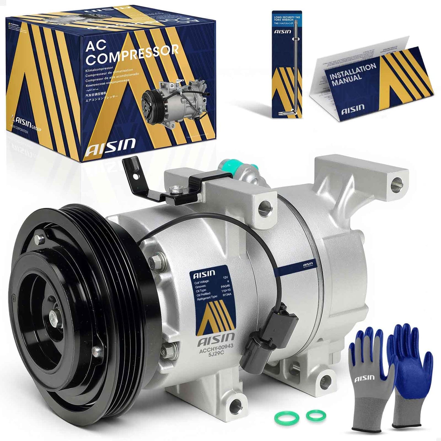 AISIN AFTERMARKET ACCHY-00943 Air Conditioner AC Compressor - Compatible with Hyundai Accent 2010-2011 1.6L - with 4-Pulley Groove, with Clutch