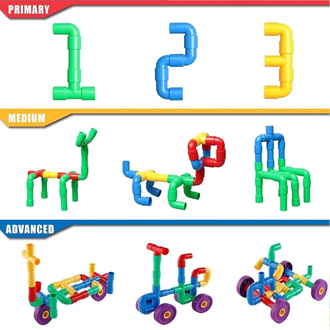 ZOZOPLAY STEM Learning Toy Tubular Pipes &amp Spouts &amp Joints 96 Piece Build Bicycle Tank Scootie Moter Skills Endless Designs Educational Building Blocks Set for Kid Ages 3+ Multicolor