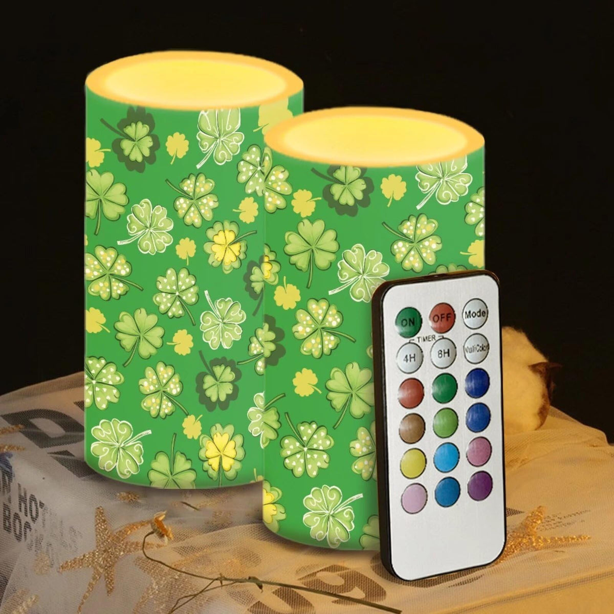 Luarisgur St Patricks Day Flameless Candles Green Leaves Candles Battery Operated with Moving Wick LED Pillar Candles 2 Pack 3 x 6 Inches for Home Decorations