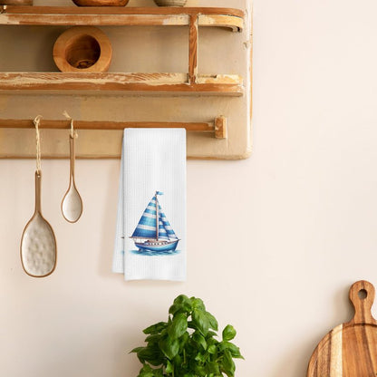 HUGANE Nautical Sailboat Kitchen Towels, Coastal Beach Hand Towels for Bathroom, Sailing Gifts for Women Men, Gifts for Boat Owners Sailors, Nautical Dish Towels, Boat Captain Gifts, 16x24 Inch
