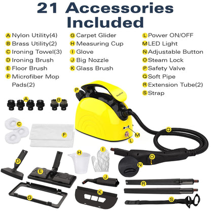 Steam Cleaner, Multipurpose Powerful Steamer with 21 Accessories, 248°F High-Temperature Steam for Floors, Grout, Tiles, Carpet, Cars - Portable 1.08L Tank, Child Lock, Chemical-Free Cleaning (Yellow)